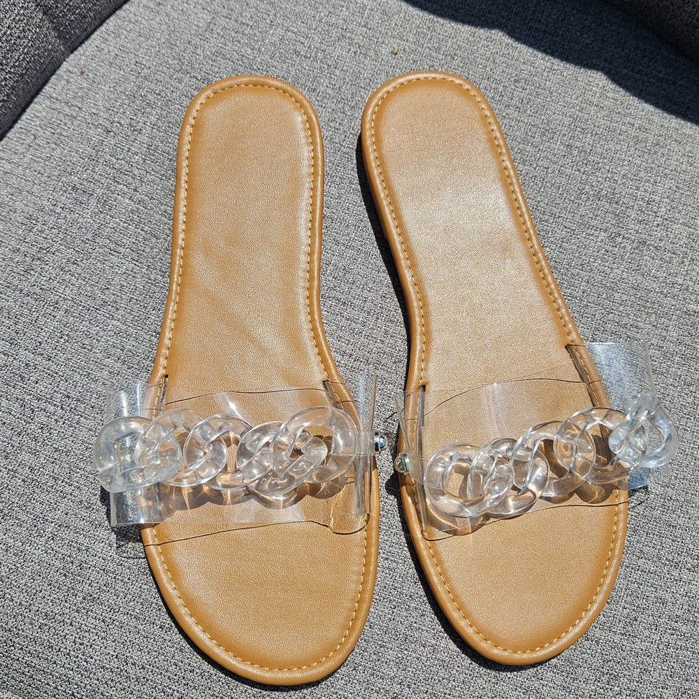 Clear Strap Tan Slide Sandals
